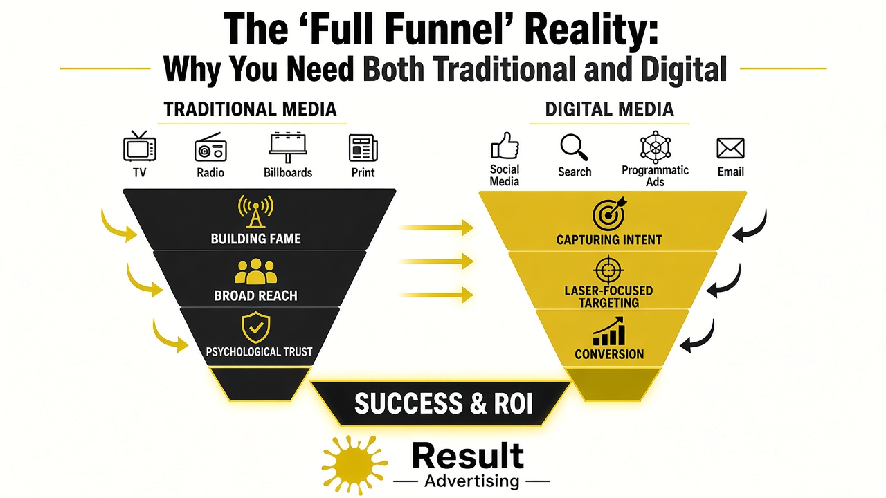 The Full Funnel Reality: Why You Need Both Traditional and Digital — Traditional Media builds fame, broad reach, and trust; Digital Media captures intent, targets, and converts; together they drive Success & ROI.